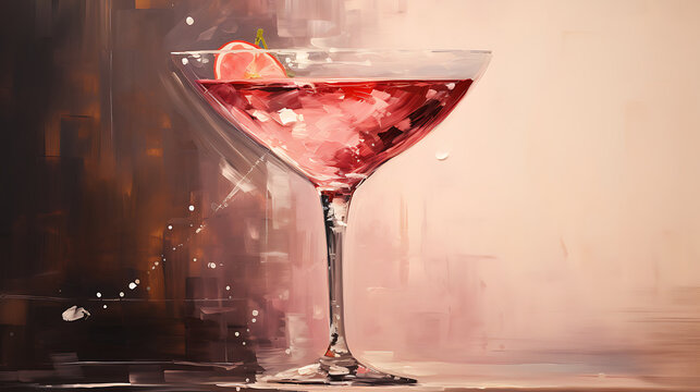 Pink cocktail in martini glass, vibrant colors.
