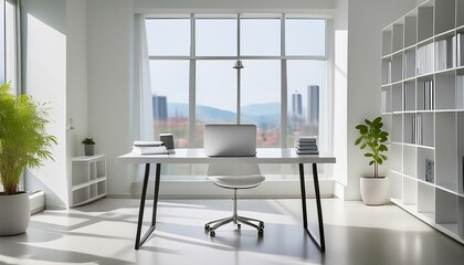 A minimalist loft office featuring clean lines, white walls, and a sleek standing desk with