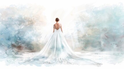 Bride with her back turned in an elegant white dress with a long train on a watercolor background. Concepts of wedding, romantic bridal fashion, artistic illustration. Copy space
