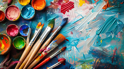 Obraz premium Colorful paintbrushes and paints on an artist's palette, symbolizing creativity and artistic expression.
