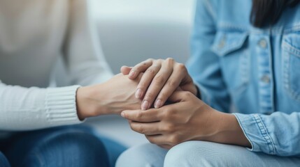 Two people holding hands for comfort and support during a difficult moment, emphasizing empathy and connection.