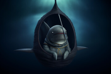 A shark wearing a black cloak with a hood sits in a dark blue sea in a contemplative pose.