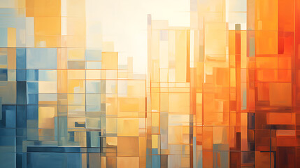 Abstract cityscape in warm colors, with a focus on the interplay of light and shadow to convey a sense of urban energy and excitement.