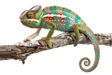 Fototapeta premium Full body view of Chameleon on an old wooden branch, isolated on white background