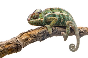 Obraz premium Full body view of Chameleon on an old wooden branch, isolated on white background