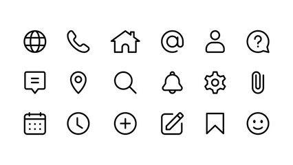 Contact us icon. Web icons , home, call, email, address, location, globe, question mark, telephone, website, icon . Communication contact information icon. Business card icon set. editable stroke