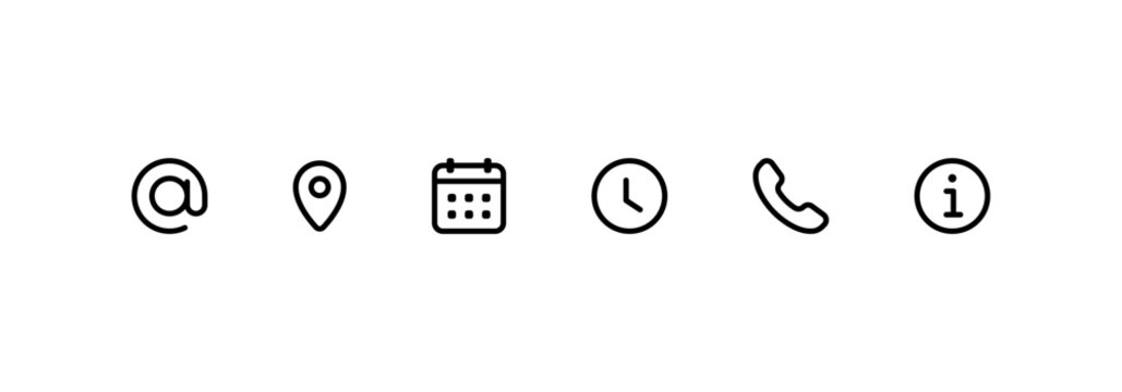 Contact us icon. Web icons set , call, email, address, mobile, telephone, information, info, website, icon . communication contact icon . Address location icon. time icon. Date calendar icon