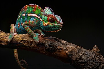 Fototapeta premium Full body view of Chameleon on an old wooden branch, isolated on black background