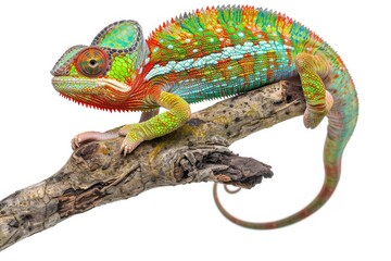 Naklejka premium Top view of a Full body a Chameleon on an old wooden branch, isolated on white background
