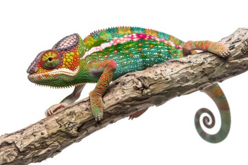 Naklejka premium Top view of a Full body a Chameleon on an old wooden branch, isolated on white background