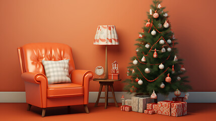 Cozy christmas corner with a red armchair and a decorated tree in a warm, inviting living room.