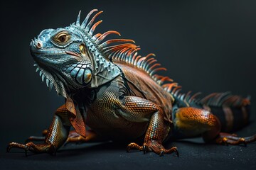 Fototapeta premium Full body view of iguana, isolated on dark background, full body shot, full body View