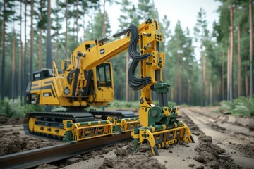 Yellow machinery for constructing railway tracks in a forest setting, symbolizing industrial progress and development amidst nature.