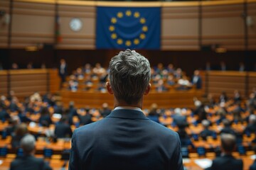 Fototapeta premium EU Parliament Back View Image: Unrecognizable Politicians and EU Flag