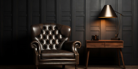 Chesterfield sofa in tufted brown leather with a dark wood side table and a copper lamp on it, against a dark wood paneled wall.