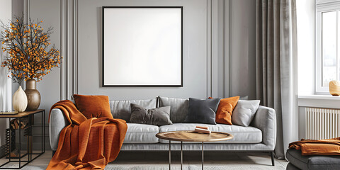 Bright colorful still life of cozy home interior with gray sofa and orange details