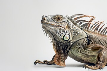 Obraz premium the beside view The Iguana, left side view, low angle, white copy space on right, isolated on white background