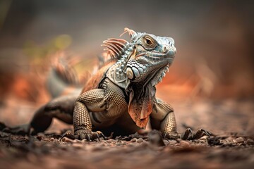 Fototapeta premium The Iguana walking in behind view, Anger, Menacing, Full body view