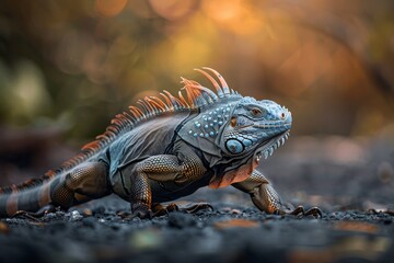 Fototapeta premium The Iguana walking in eye level view, Full body view View, Depth of Filed, over shoulder view