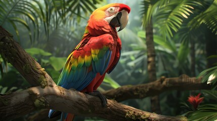 Obraz premium A vibrant parrot with shimmering feathers perches on a tree branch, adding color to the lush rainforest.