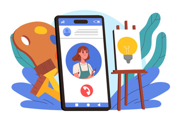 Online drawing consultation. Woman on smartphone screen near canvas with light bulb. Creativity and art. Guide and tutorial on internet. Flat vector illustration isolated on white background