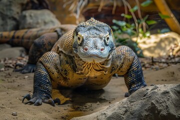 Fototapeta premium Komodo Dragon in beside view, Anger, Menacing, Full body view