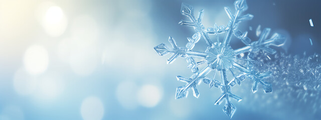 3D rendering of a snowflake up close with a blurred background in cool toned colors of blue and white.