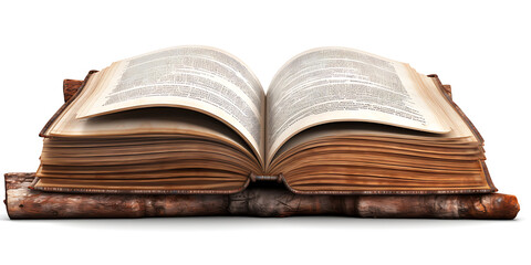 Open old book with yellow pages laying on a cut tree trunk, isolated on white background