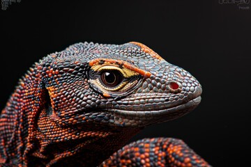 Fototapeta premium Mystic portrait of Monitor Lizard , full body view, isolated on black background