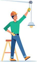 Electrician Installing Ceiling Light on Ladder