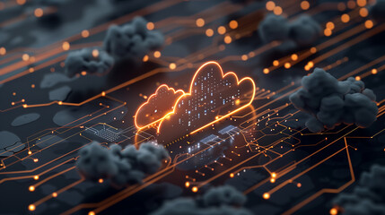3D rendering of a glowing cloud icon on a circuit board with digital data and technology in the background, in the style of a dark color theme, with orange light. 