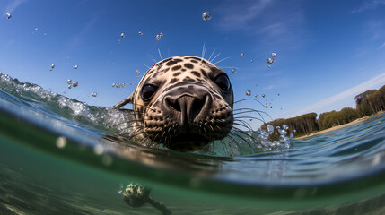 Underwater close up of a cute baby seal curiously looking at the camera with a beautiful bokeh background