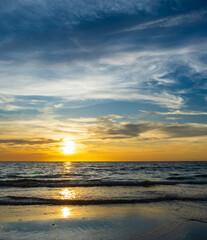 Vertical landscape sunset look view horizon summer sea beach nobody wind soft wave cool holiday calm sky cloud evening day time calm nature tropical beautiful ocean water travel island Thailand