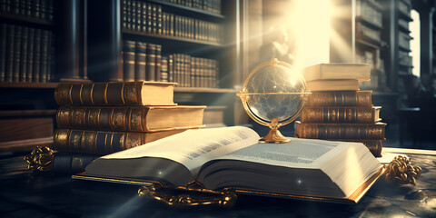 Vintage library with leather-bound books and a golden globe on an open book