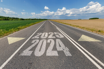 numbers 2024, 2025 on asphalt road highway. concept of destination in future, freedom, work start, run, planning, challenge, target, go, start, new year