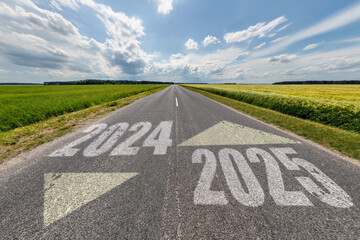 numbers 2024, 2025 on asphalt road highway. concept of destination in future, freedom, work start, run, planning, challenge, target, go, start, new year