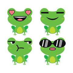 Vector set of cute green Frog emoji faces with various expressions. Isolated on white background