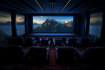Luxury home theater with panoramic mountain view evokes a sense of relaxation and escape. 
