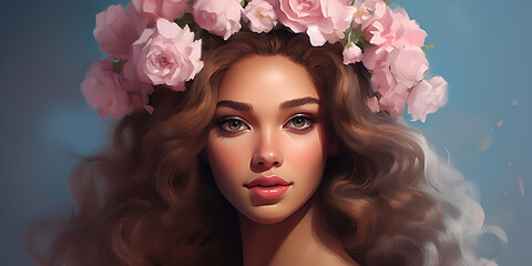 Fototapeta premium A beautiful woman with pink flowers in her hair, romantic and delicate, perfect for spring and wedding themes. 