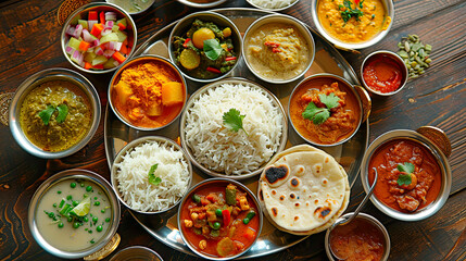 A colorful spread of vegetarian Indian thali with various curries, rice, and chapati 