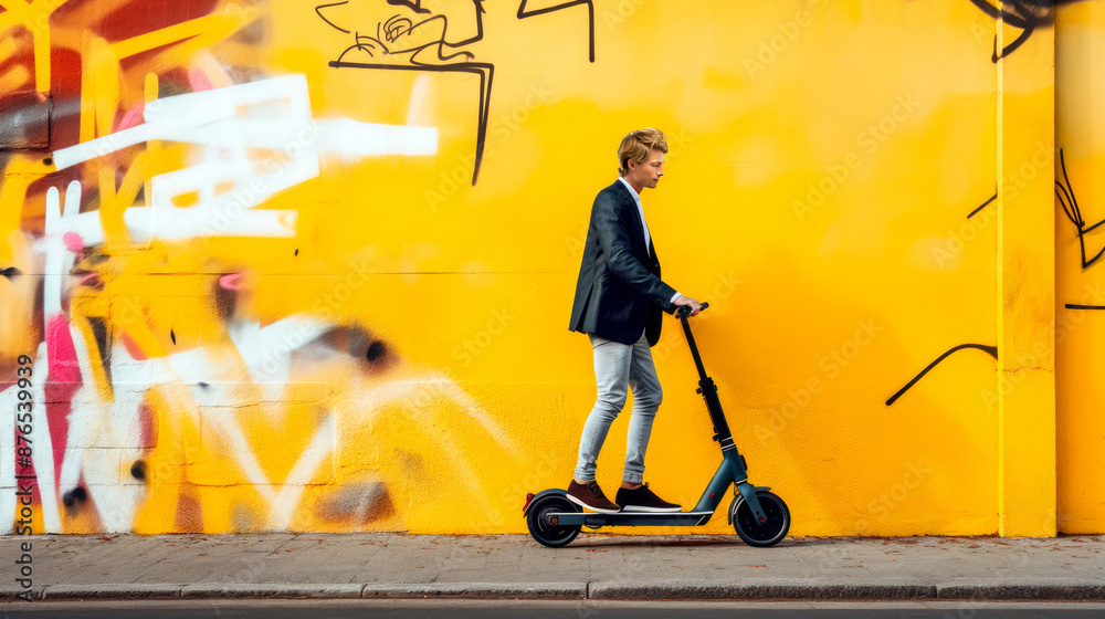 Wall mural young man in smart attire rides an electric scooter by a graffiti-covered bright yellow wall, symbol