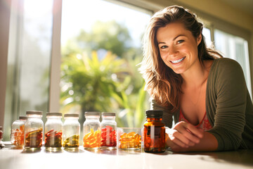 A 35-year-old young adult smiling woman counts vitamin doses in glass bottle on her table. On background, a sunlit garden. Concept of personalized healthcare management, healthy routine. Copy space