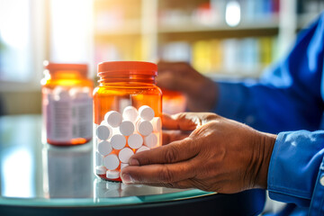 Close up a male pharmacist hand holds an orange medicine bottle, drugstore backdrop. At work with shelves of medication. Concept of pharmaceutical care, medicine, healthcare