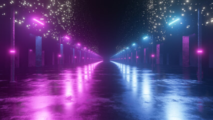 Futuristic Night Street With Neon Lights With Old Asphalt And Skyscrapers. Night Urban Scene Without People. Fashion Design For Banners, Projects. Three-Dimensional Illustration