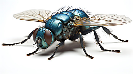 Fototapeta premium A vibrant blue fly with iridescent wings and brown eyes, perfect for illustrating nature and insects. 