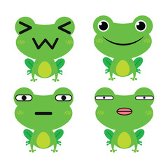 Vector set of cute green Frog emoji faces with various expressions. Isolated on white background