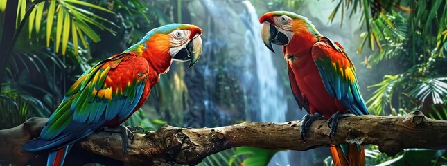 Vibrant image of an Amazon red macaw parrot set against the lush jungle backdrop. Profile of a wild ara parrot's head against a green background. 