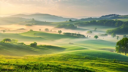 Panoramic view of mist-covered rolling hills and patchwork fields at sunrise, depicting a serene pastoral countryside.
