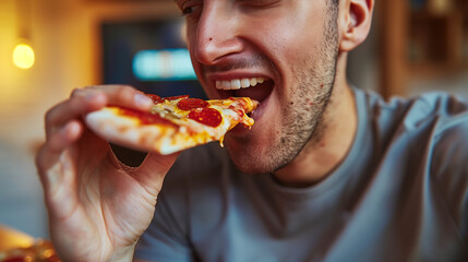 handsome man enjoying eating a delicious, dripping pizza, eating pizza, smiling, facing camera, pizza in hand, yellow background