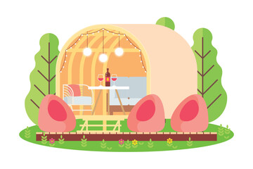Glamping pod based on a wooden arched frame covered with fabric, with an interior inside, on a podium with chairs in nature. Cozy cabin with furniture, lighting on an open terrace.